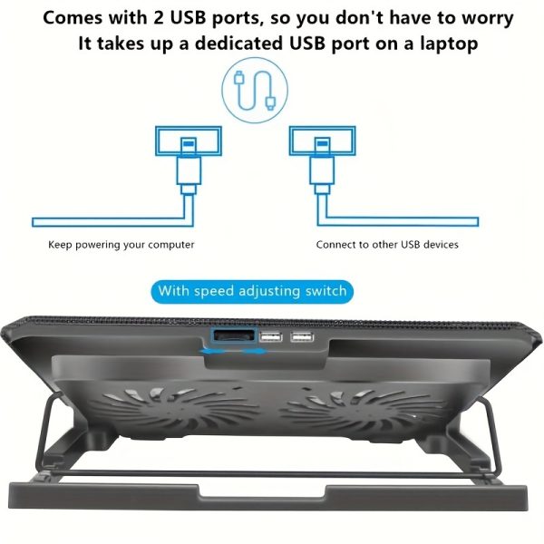 Laptop Cooling Stand, 2 Cooling Fan, 4 Levels Adjustable, LED Light, Speed Rolling Switch, High Air Flow & Low Noise, 2 USB Ports, Metal Mesh Design, For 22.86-43.18 Cm Laptops (Black)