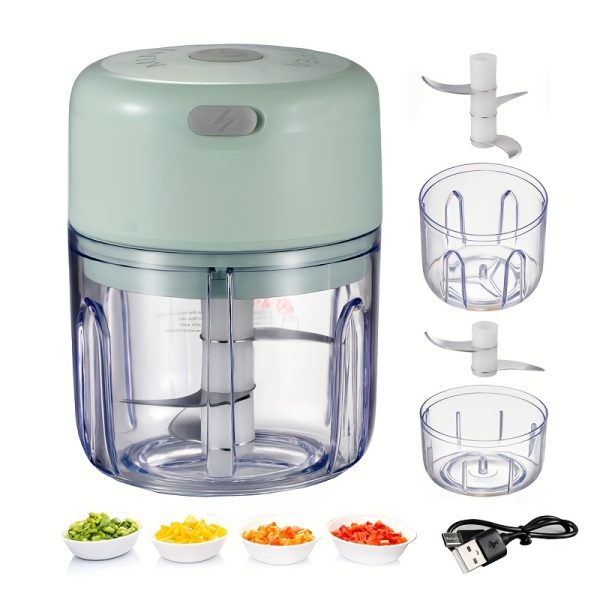 Compact 250ml USB Rechargeable Electric Garlic Chopper - Powerful & Portable Food Processor with Attachments for Chili, Ginger, Vegetables | Light Green, Includes Collection Bowl & Cleaning Brush, Garlic Chopper Mincer