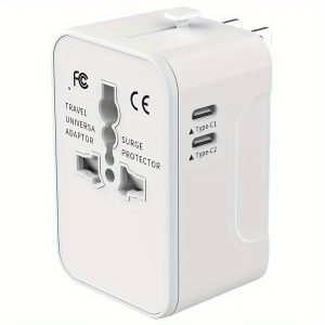Universal Travel Adapter for International Use, Featuring 1 USB And 2 Type-C Ports for European Travel, And a Plug Converter from The UK to The US.