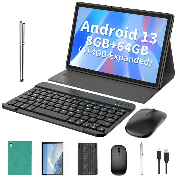 Relndoo 2-In-1 Android Tablet, Featuring a 25.65 cm Display with Android 13, 4GB RAM Plus an Additional 4GB, 64GB Expandable Storage, And Comes with a Keyboard, Case, Mouse, And Stylus, Equipped with Dual Cameras of 5MP And 8MP, Wifi, And Wireless Capabilities.