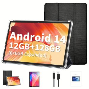 2024 New Android Tablet, 25.65 cm Android 14 Tablet, 12GB(6GB+6GB) RAM 128GB ROM, WiFi, Wireless, Dual Camera, 1280*800 IPS HD Screen