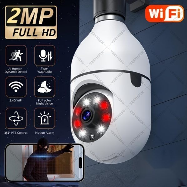 2MP LED Light Bulb Security Camera, E27 Connector, 360 Degree Pan/Tilt Panoramic Surveillance Camera, 1080p HD Resolution, Smart Motion Detection, Two-Way Audio, WiFi Camera, Indoor Security Camera with Ceiling Mount, Android App Control, Audio and Motion Alert, Color Display, Night Vision, Non-Waterproof, with Wi-Fi Function, 110V/220V Operating Voltage, for Indoor Use