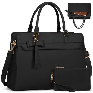 NUBILY Women's Laptop Bag 39.62 cm PU Laptop Handbag Large Computer Bag Waterproof Business Office Bag Briefcase, with Handbag 2pcs Set, Black