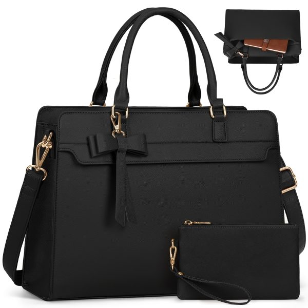 NUBILY Women's Laptop Bag 39.62 cm PU Laptop Handbag Large Computer Bag Waterproof Business Office Bag Briefcase, with Handbag 2pcs Set, Black