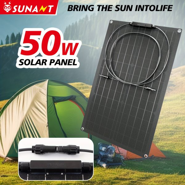 Sunant 1pc 50W Solar Panel, Flexible Solar Panel, 18V Voltage, Equipped with MC4 Connectors, Suitable for Portable Chargers for Outdoor Cooking, Camping, And Travel.