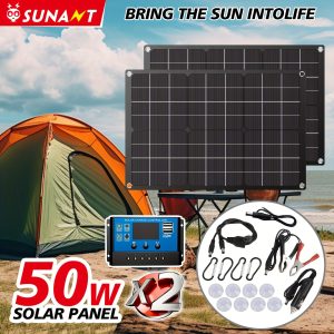 SUNANT 50W Portable Solar Panel Charger, 1pc/2pcs Set, Dirt-Resistant & High Heat Absorption, 5V Power Output, Compatible with DC & USB, Ideal for Outdoor, Camping, Car, Yacht, Mobile Phone & Power Bank, Removable, No Battery Included