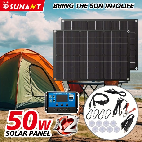 SUNANT 50W Portable Solar Panel Charger, 1pc/2pcs Set, Dirt-Resistant & High Heat Absorption, 5V Power Output, Compatible with DC & USB, Ideal for Outdoor, Camping, Car, Yacht, Mobile Phone & Power Bank, Removable, No Battery Included