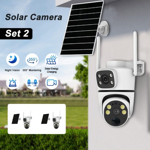 2pcs Solar-Powered Dual Lens Wireless Security Cameras - Outdoor, 355° Pan & 90° Tilt, Color Night Vision, PIR Motion Detection, Two-Way Audio, High-Efficiency Solar Panel