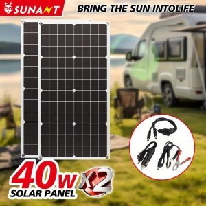 2-Pack Sunant 40W Portable Solar Panels with Insulation Material, Detachable Photovoltaic Module, Solar Charging Power Supply for Home, RV, Car, Outdoor Camping - Optional 60A Controller Included