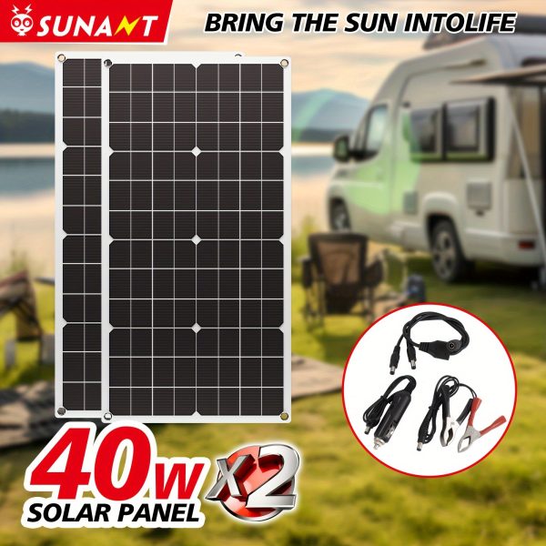 2-Pack Sunant 40W Portable Solar Panels with Insulation Material, Detachable Photovoltaic Module, Solar Charging Power Supply for Home, RV, Car, Outdoor Camping - Optional 60A Controller Included