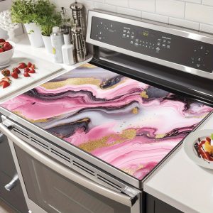 Integrated Stovetop Replacement Decor Kit 1pc Durable Polyester Gas Stove Cooktop Panel Protector with Elegant Gray & Pink Marble Design - Heat & Scratch Resistant, Easy to Clean - Suitable for Any Kitchen