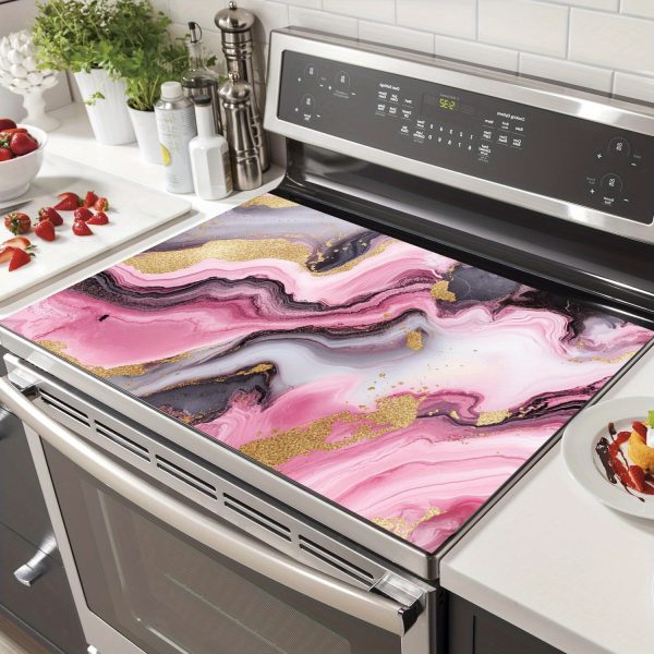 Integrated Stovetop Replacement Decor Kit 1pc Durable Polyester Gas Stove Cooktop Panel Protector with Elegant Gray & Pink Marble Design - Heat & Scratch Resistant, Easy to Clean - Suitable for Any Kitchen