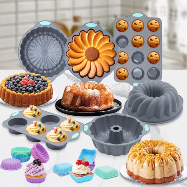 30/4pcs Silicone Small Baking Pan Set, Non-Stick, Cake Mould Set, Includes Baking Pan, Bread Pan and Pizza Pan with 24 Baking Cups, for Small Families, Kitchen, Deep Fryer, Easter Gifts