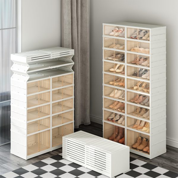 A 3/9 Tier Collapsible Shoe Rack Suitable for Closets, Accommodating 36 Pairs of Plastic Shoes, with Foldable Transparent Shoe Boxes.