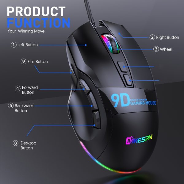 JOMAA RGB Gaming Mouse with 9 Programmable Buttons, Animal Print Design, Wired, Optical Sensor, Linux Compatible