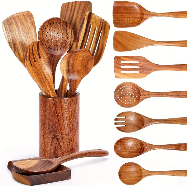 9pcs, Cooking Utensils Set, Kitchen Cooking Tools, Premium Wooden Kitchenware Shovel Spoon For Cooking Heat Resistant Cooking Utensils Non-stick Pan, Salad Spoon Fork