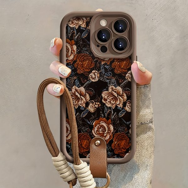 Vintage Flower with Hand Strap Brown Shockproof Frosted Full Cover Anti-Fall Mobile Phone Case Suitable for Apple 16PROMAX/16PLUS/16PRO/16/15PROMAX/15PLUS/15PRO/15/14PROMAX/14PLUS/14PRO/14/13PROMAX/13PRO/13/12PROMAX/12PRO/12 11PROMAX/11PRO/11/XSMAX/XR/XS/7#8PLUS/7#8 Protective Case Transparent Shockproof