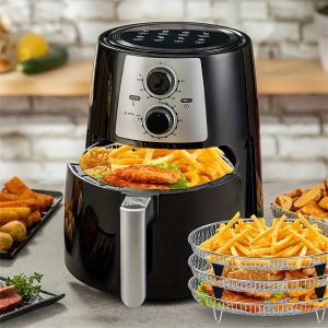 Set of stainless steel air fryer racks with adjustable feet, compatible with 4.2QT-5.8QT air fryers, ideal for baking and dehydrating, easy cleaning and stacking