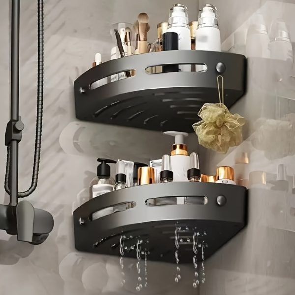 2-Pack No Drilling Stick-On Bathroom Corner Shower Rack - Wall-Mounted Shampoo and Essentials Storage Rack