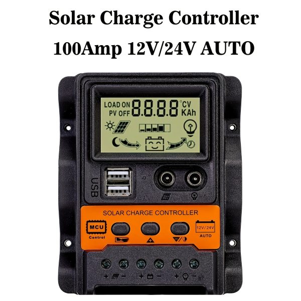 1pc Sone Solar Charge Controller, 12V/24V Auto, 100A PWM Photovoltaic Regulator, Insulated Material, Dual USB Output, LCD Display, Compatible with Lead-Acid & Lithium Batteries, Hardwired Power Supply