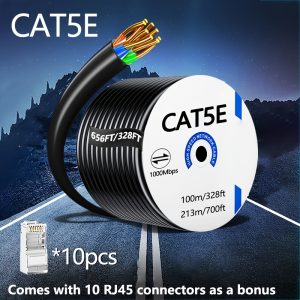 CAT5E Ethernet Cable, 1000Mbps High-Speed Outdoor-Grade Ethernet with 10 Bonus RJ45 Connectors, 24AWG Solid Copper, PoE++, Black, 99.97meter/199.95meter Lengths, Ideal for Gaming, Modem, Router & PC Setup, Gaming Network Setup | Bulk Ethernet Cable | Solid Copper Cable