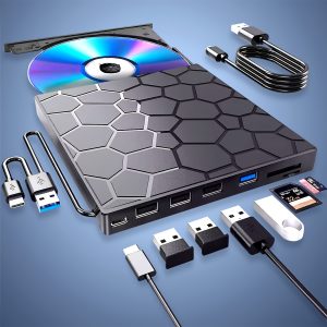Compact 8-in-1 External DVD Drive for Laptops - USB 3.0, Ultra-Slim Portable Player & Burner, Hexagonal Pattern, with SATA Cable & Skidproof Design, Compatible with Mac, Windows 11/10/8/7, Linux - CD/DVD Playback and Storage