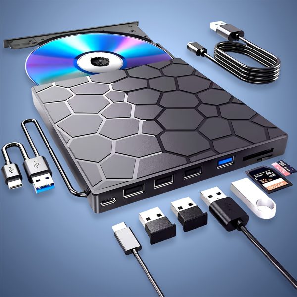 Compact 8-in-1 External DVD Drive for Laptops - USB 3.0, Ultra-Slim Portable Player & Burner, Hexagonal Pattern, with SATA Cable & Skidproof Design, Compatible with Mac, Windows 11/10/8/7, Linux - CD/DVD Playback and Storage