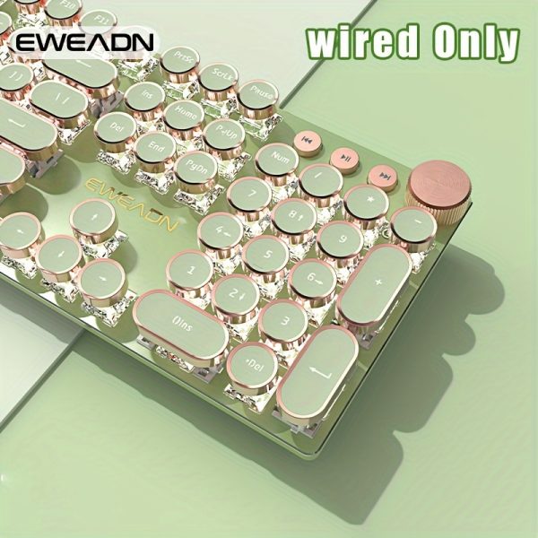 EWEADN Punk Typewriter Mechanical Gaming Keyboard, All-Metal Panel 104Keys Wired Retro Punk Round Keycaps with LED Backlit USB Wired Keyboards, Multimedia knob, for Game and Office, for Windows Laptop PC Green Peripherals