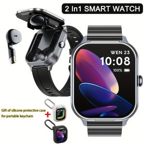 Paearofero 2-in-1 Smart Watch with Built-in TWS Earbuds, Wireless Charging, 5.11cm Large TFT Screen, Fashionable Square Alloy Case, Smart Movement with Call/Date/Weather Features, Electronic Drive, Interchangeable Silica Gel/Stainless Steel Straps, Keychain Case Gift, Extended Battery Life