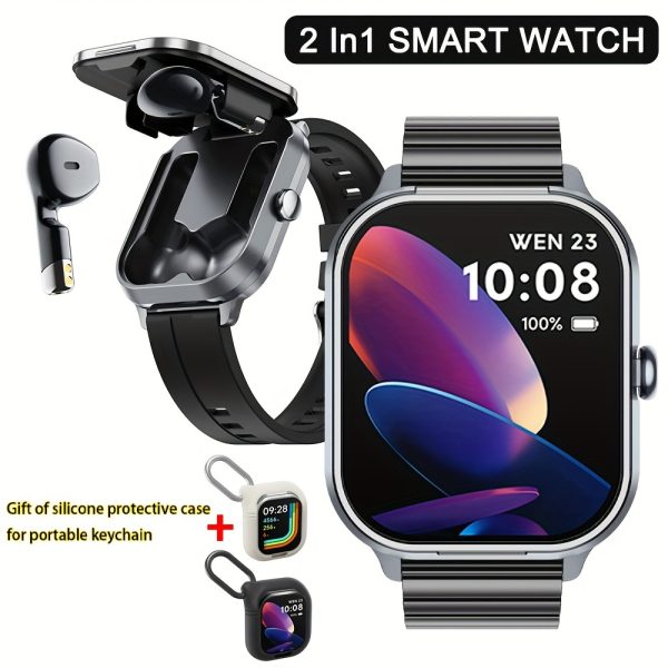 Paearofero 2-in-1 Smart Watch with Built-in TWS Earbuds, Wireless Charging, 5.11cm Large TFT Screen, Fashionable Square Alloy Case, Smart Movement with Call/Date/Weather Features, Electronic Drive, Interchangeable Silica Gel/Stainless Steel Straps, Keychain Case Gift, Extended Battery Life