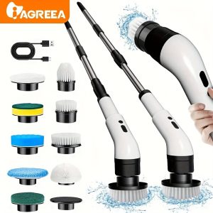 IAGREEA electric rotary scrubber with 3 adjustable speeds, cordless electric rotary cleaning brush, handheld shower with 9/6 replaceable brush heads, adjustable extended handle, suitable for tiles, bathtub, sink, wall, bathroom, USB-C charging cable