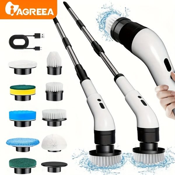 IAGREEA electric rotary scrubber with 3 adjustable speeds, cordless electric rotary cleaning brush, handheld shower with 9/6 replaceable brush heads, adjustable extended handle, suitable for tiles, bathtub, sink, wall, bathroom, USB-C charging cable