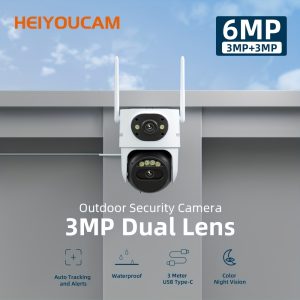HEIYOUCAM Dual lens Security Camera Outdoor, 3MP Dual Lens PTZ Outside Cameras for Home Security, AI Tracking, Light Alarm, Color Night, 2-Way Talk, 24/7 Record, SD/Cloud, wireless outdoor WiFi monitoring, HD details clear, automatic rotation, multi angle pan tilt, night vision, motion detection