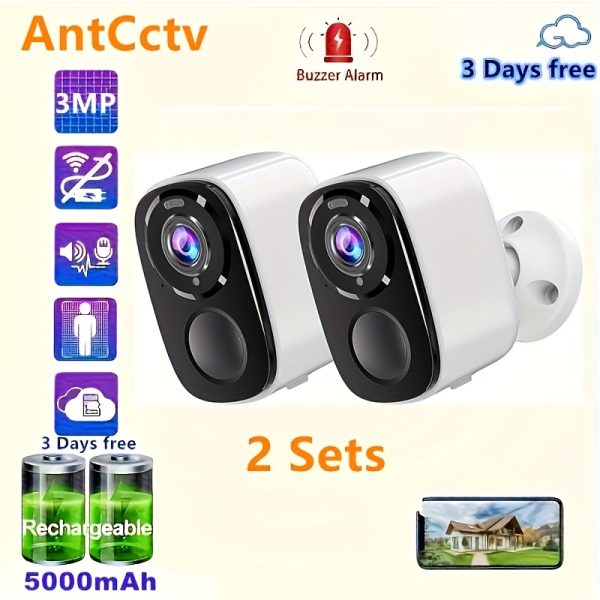 2 Sets 2.4Ghz wifi Outdoor Wireless Security Camera, 3MP FHD Video Resolutions, 5000mAh Battery Powered CCTV Camera for Home Security, Cloud/SDup To128G, No Monthly Fee, AI Motion Detection, Spotlight, Color Night Vision, WiFi Two-Way Audio Support video recording, audio playback. Secure encryption