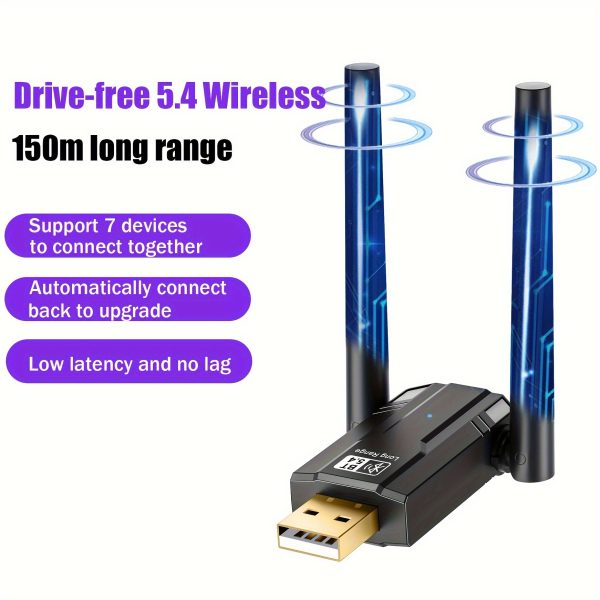 USB Wireless 5.4 Adapter with Application Control - Plug & Play Long Range 150M/492FT Wireless Network Dongle, USB 2.0 Connectivity, Low Operating Voltage ≤36V, for Windows 11/10/8.1/7 - Supports Multiple Devices, No Battery Required, Ideal for Desktop, Laptop, Headphones, Keyboard, Mouse, Speakers