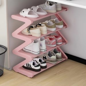 4-Tier Z-Shaped Plastic Shoe Rack, Easy Assembly Floor Standing Organizer for Living Room, Stackable Home & Dorm Essential, Pink, No Tools Needed, Space-Saving Design for Multiple Shoes, Dorm Room Organizer | Stylish Organizer | Plastic Shoe Holder, Shoe Storage Organizer