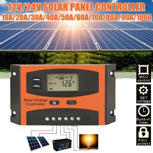 OSREE PWM Solar Charge Controller 12V/24V, Intelligent Battery Regulator with Adjustable LCD, Dual USB Ports, Auto Parameter Timer, Multiple Load Control Modes for Various Battery Types, Insulated Material, Hard-Wired Power Supply, Voltage Range Below 50V - Without Battery