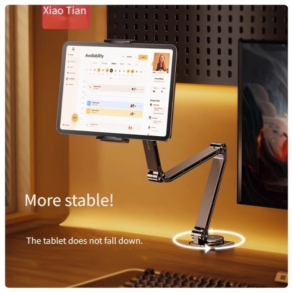 Aluminum Alloy Tablet Stand, Adjustable 360° Rotatable, Multi-Angle Folding Arm Desk Mount for iPad, Office Desktop Tablet Holder with Articulating Swivel Arms