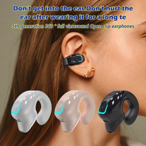5th Generation 360° Full View Sound Open Clip-On Earphones, Wireless Mini Earbuds with Long Battery Life, Universal Phone Control, Voice Noise Cancellation, Sports Exercise Compatible with All Smartphones, Plastic, Non-Waterproof, Push Button Volume Control, Crystal Microphone, 45mAh Rechargeable Lithium Polymer Battery, Type-C USB Charging, 2.5-5W, No Charger Included