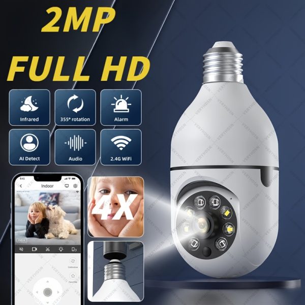 This Is a 2MP Full HD E27 Bulb Camera with 2.4G WIFI Capabilities, Featuring Night Vision in Full Color, Two-Way Audio, And Automatic Human Tracking. It Offers 4X Digital Zoom for Video Surveillance, Making It Ideal for Smart Home Security. The Indoor Camera Is Wireless And Supports Both SD And Cloud Storage, Along with a Mobile App for Lens Rotation Control.