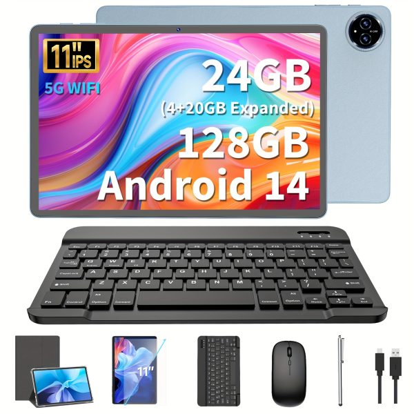 QDDQ 27.94cm Android 14 Tablet with Keyboard, 24GB (4GB+20GB) + 128GB Expansion, 5MP+13MP Camera, 2.4G & 5G WiFi, IPS Screen, 2-in-1 Device with Case, Mouse, Stylus, Type-C Charging, Rockchip Processor
