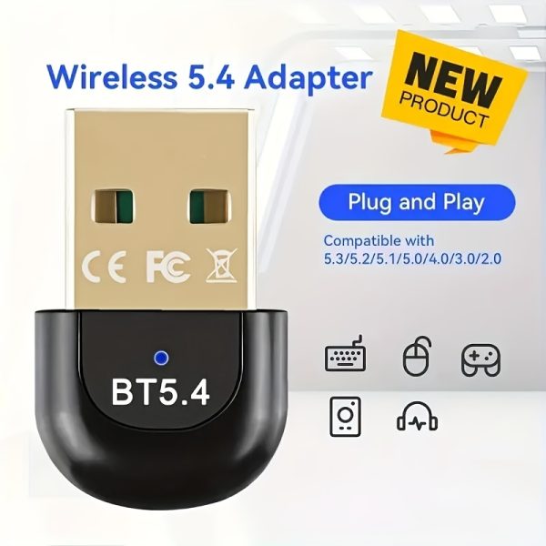 Wireless 5.4 Adapter USB Receiver, Plug and Play Mini Adapter with EDR, Automatic Backward Compatibility with 5.3/5.1/5.0/4.2/4.1/4.0, for Laptop, Headset, Keyboard, Mouse, Speaker, Printer - No Battery Required