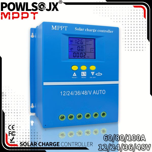 POWLSOJX 60A/80A/100A MPPT Solar Charge Controller, 12/24/36/48V Battery Compatible, Multi-Battery Support, 50V Max Voltage
