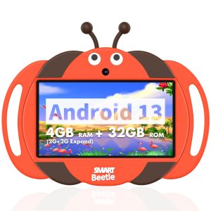 PRITOM 17.78cm Youngsters' Android 13 Tablet - 4GB RAM + 32GB ROM, Quad-Core Processor, HD IPS Display, Dual Camera, WiFi Enabled, Vibrant Red & Black Design with Smart Bee-Themed Case - Perfect Gift for Boys and Girls