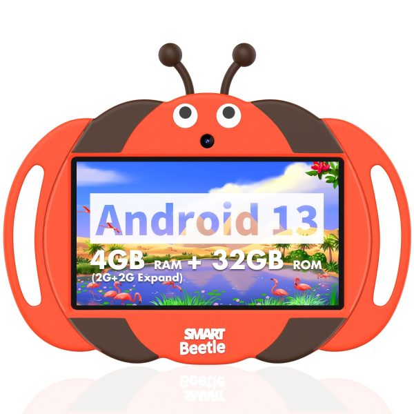 PRITOM 17.78cm Youngsters' Android 13 Tablet - 4GB RAM + 32GB ROM, Quad-Core Processor, HD IPS Display, Dual Camera, WiFi Enabled, Vibrant Red & Black Design with Smart Bee-Themed Case - Perfect Gift for Boys and Girls