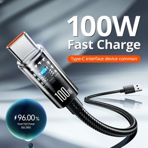 USB Type C 100W 6A Fast Charging Data Cable, Intelligent Fully Charged Automatic Power-off, PVC Material, Glossy Surface Finishing, Flat Shape, High-speed Data Transfer, with Male to Male Connector Polarity, ≤36V Operating Voltage, >80W Input Power, >80W Output Power, USB Input Connector Type, Type-C Output Connector Type, for Sumsung Galaxy S24 S23, Huawei, Honor, Xiaomi Redmi, OPPO, Oneplus, VIVO, Android Phone