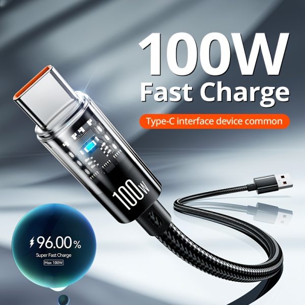 USB Type C 100W 6A Fast Charging Data Cable, Intelligent Fully Charged Automatic Power-off, PVC Material, Glossy Surface Finishing, Flat Shape, High-speed Data Transfer, with Male to Male Connector Polarity, ≤36V Operating Voltage, >80W Input Power, >80W Output Power, USB Input Connector Type, Type-C Output Connector Type, for Sumsung Galaxy S24 S23, Huawei, Honor, Xiaomi Redmi, OPPO, Oneplus, VIVO, Android Phone