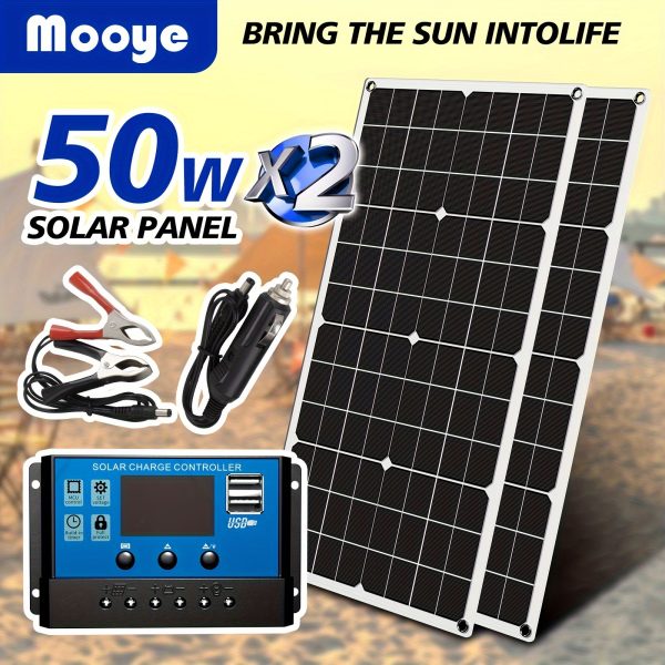Mooye 2X50W Portable Solar Charger with 60A Controller & USB Output - Ideal for Home, Outdoor Picnics, Camping & Travel