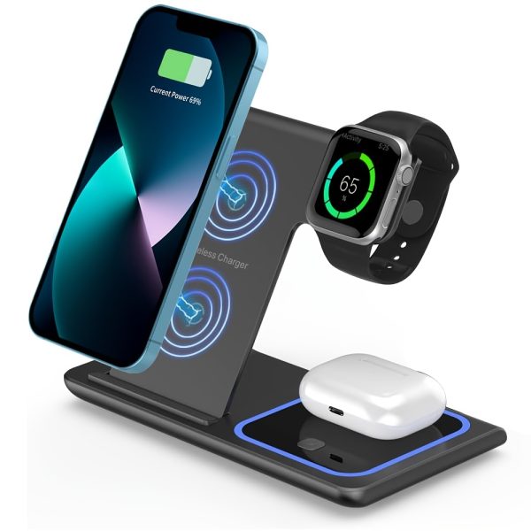 Magnetic Suction Three in One 15W Fast Charging Mobile Phone Watch Earphone Wireless Charging Folding Stand Suitable for Iphone
