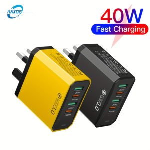 KAXOE 40W Dual USB-C Fast Charging Wall Adapter with PD Type-C, QC 3.0 - Yellow & Black, UK Plug for iPhone & Samsung Devices, Fast Charger Adapter
